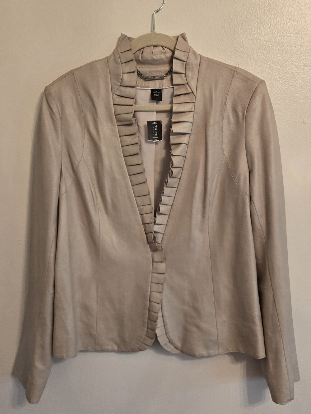 White House Black Market Taupe Metallic Leather Jacket With Ruffles Size Large